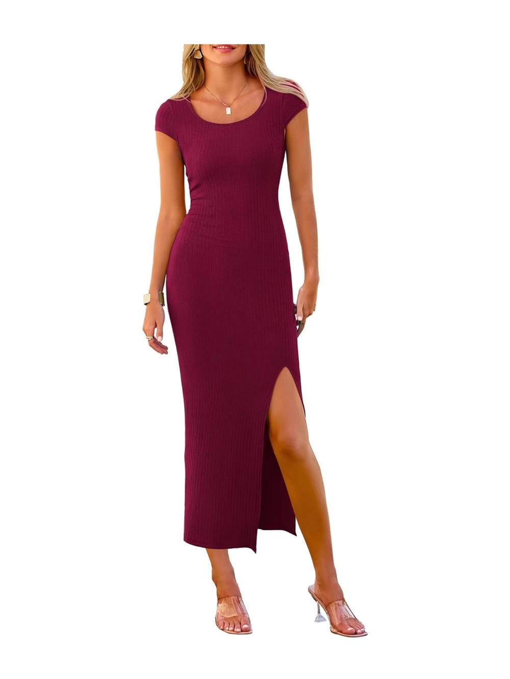 Women's Ribbed Cap-Sleeve Maxi Dress with Side Slit - Burgundy